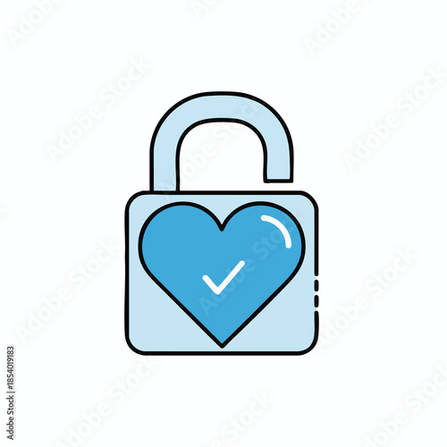 A light blue padlock icon with an open, heart shaped lock and a checkmark inside