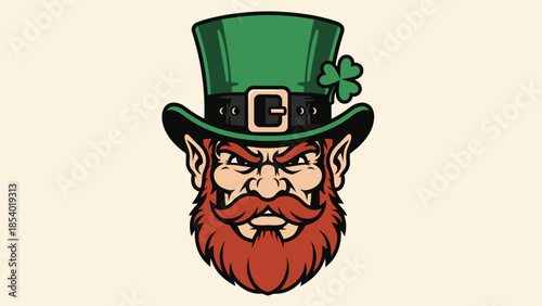 A detailed illustration of a leprechaun's face wearing a green top hat adorned with a shamrock.