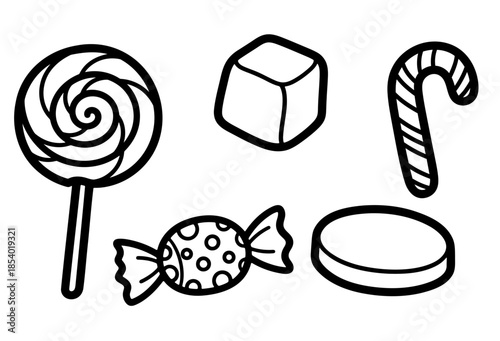 Hand drawn sweet candy set with lollipop candy cane and chocolate doodle outlines