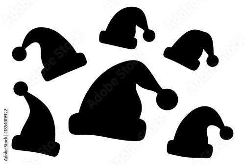 Set of six black silhouette santa claus hats featuring different bent and upright shapes with pom poms for christmas holiday costume design