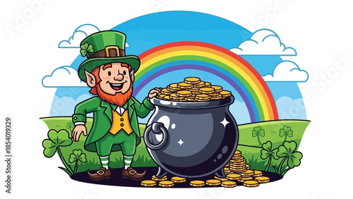 A cheerful leprechaun stands proudly beside a pot overflowing with gold coins under a vibrant rainbow.