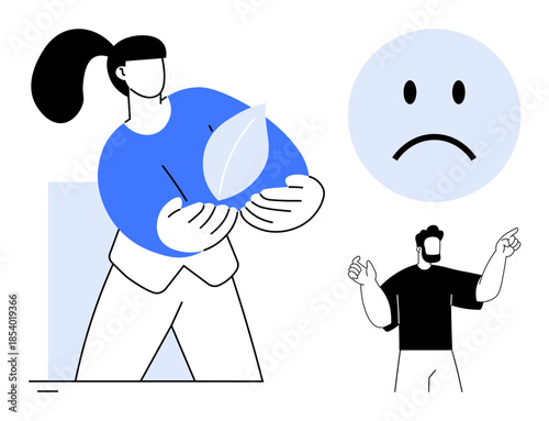 Sustainability theme. Sustainability ed by simple graphics. A person holds a leaf, a frowning face highlights environmental concerns. Sustainability in actions, awareness, and responsibility. Perfect