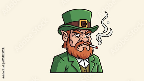 A cartoon illustration of a grumpy leprechaun wearing a green hat and suit, smoking a cigarette.