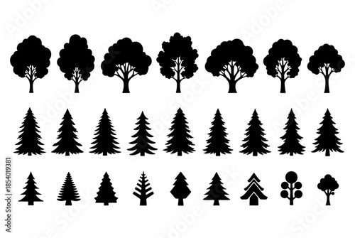 Set of black tree silhouettes with pine fir and deciduous forest icons