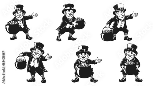 Collection of six cartoon leprechauns in various poses, each holding a pot of gold.