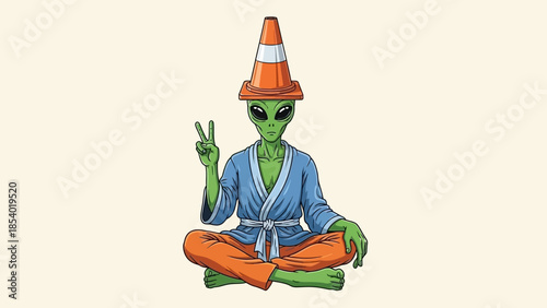 An alien wearing a traffic cone as a hat, meditating in a yoga pose.