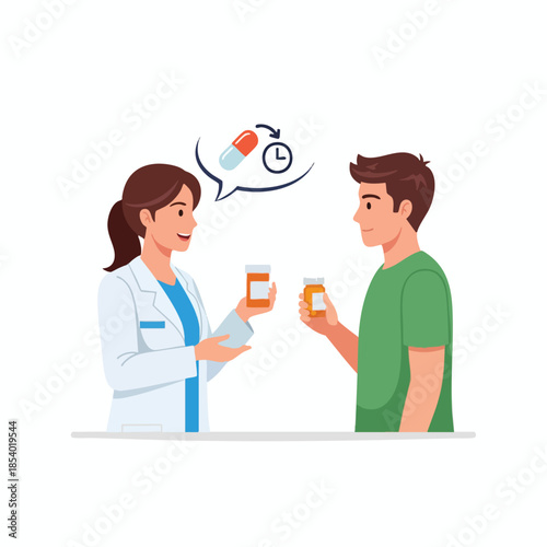 A pharmacist gives instructions to a patient about medicine dosage