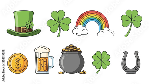 A collection of St. Patrick's Day symbols including a green hat, shamrocks, a rainbow, a pot of gold, a beer mug, a coin, and a horseshoe.