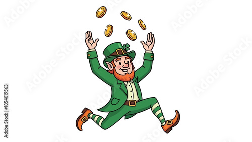 A cartoon leprechaun in a green suit and hat joyfully tosses gold coins into the air while running.