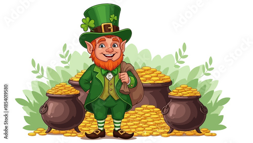 A cheerful leprechaun in a green suit and hat stands proudly amidst pots overflowing with gold coins.