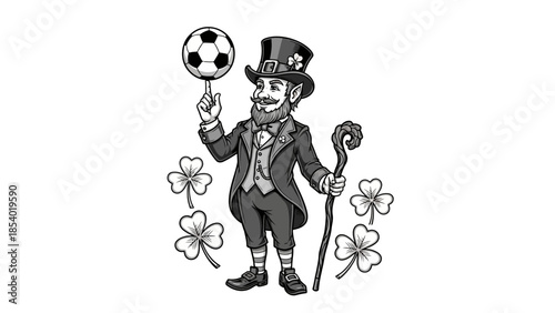 A leprechaun character in a suit and top hat balances a soccer ball on his finger, surrounded by shamrocks.