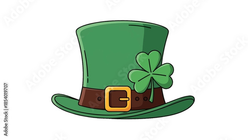 A green leprechaun hat with a shamrock and a buckle, symbolizing St. Patrick's Day.