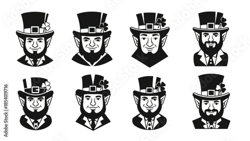 Collection of eight black and white illustrations of leprechauns wearing top hats adorned with shamrocks.