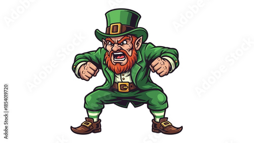 An angry leprechaun wearing a green suit and hat, with a red beard and clenched fists.