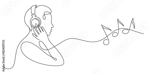 Continuous line drawing of person listening to music