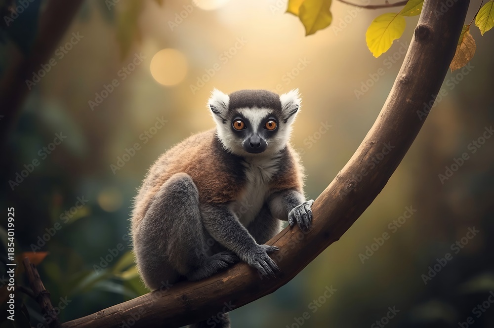 Fototapeta premium A lemur perched on a branch in a forest, gazing directly at the viewer with expressive eyes.