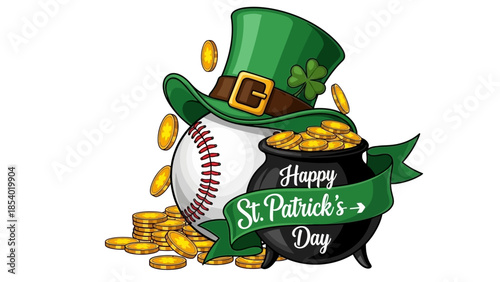 A festive St. Patrick's Day baseball image featuring a pot of gold and coins.