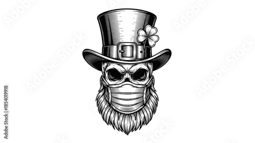 A detailed black and white illustration of a skull wearing a top hat and a face mask, with a shamrock.