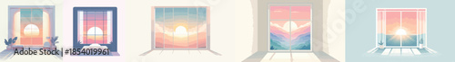 Vector view of sunrise behind the window. Vector, minimalist, illustration, icon set.