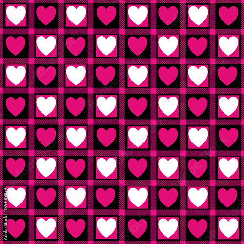 Seamless pink and black grid pattern with repeating heart shapes, bold and playful romantic design for modern love themes.