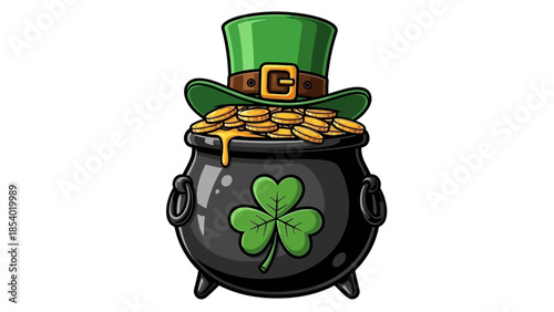A cartoon illustration of a leprechaun's pot of gold, overflowing with coins and topped with a green hat and shamrock.