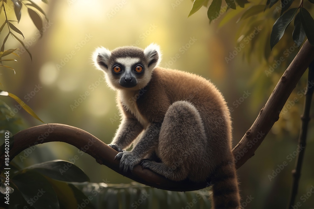 Fototapeta premium A lemur perches on a tree branch in a lush forest, gazing directly at the viewer with expressive eyes.