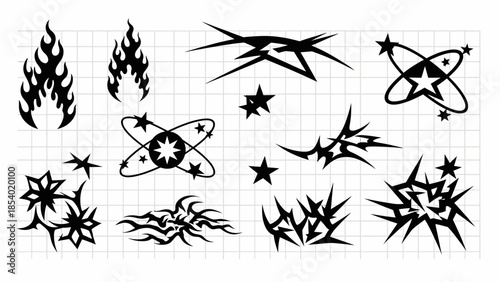 A collection of black tribal-style graphic elements including flames, stars, and abstract shapes on a white grid background.