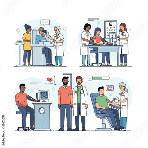 A medical checkup illustration with various procedures and medical staff interacting