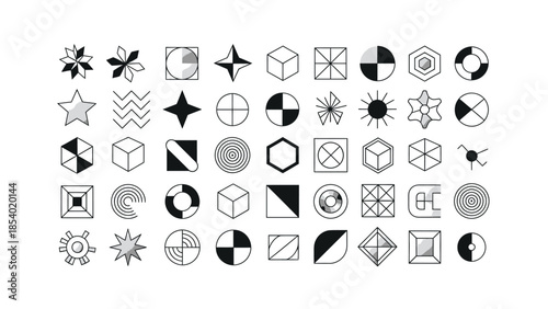 A collection of 40 abstract geometric icons and symbols, presented in a grid format on a white background.