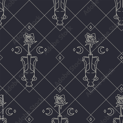 Celestial Art nouveau style black and white vase with rose hand drawn seamless pattern vector illustration