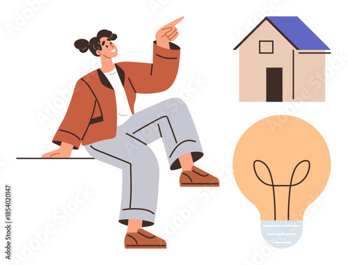 A woman in casual attire gestures confidently next to a house and lightbulb, symbolizing ideas, creativity, home, innovation, problem-solving, planning, and inspiration. Ideal for themes thumbs up