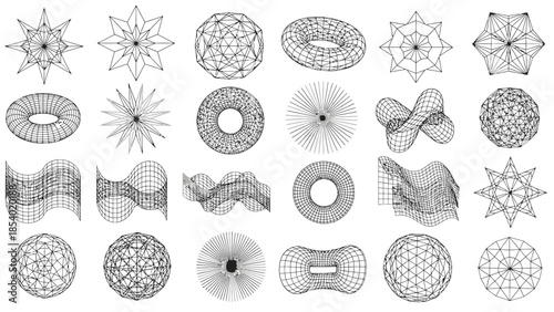 A collection of 25 wireframe 3D geometric shapes, including spheres, tori, and complex polyhedra, arranged in a grid.