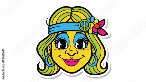 Cartoon Girl Face with Headband and Flower.