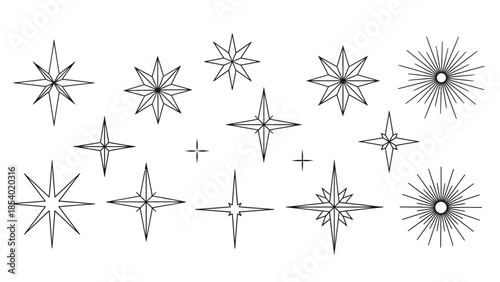 A collection of diverse starburst and star shapes, rendered in a clean, minimalist black and white line art style.