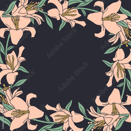 Vintage hand drawn pink lily square flower frame on black background vector illustration
