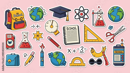 Collection of colorful school-themed stickers, featuring various educational elements on a pink background.
