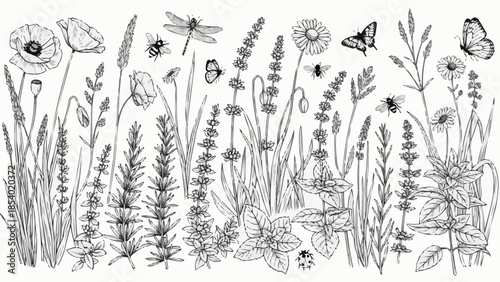 Black and White Illustration of Wildflowers and Insects.