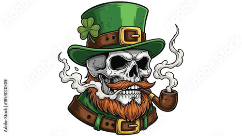 A detailed illustration of a skull wearing a leprechaun hat and smoking a pipe.