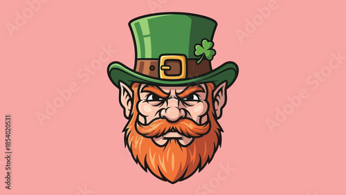 A detailed illustration of a grumpy leprechaun's face wearing a green hat with a shamrock.