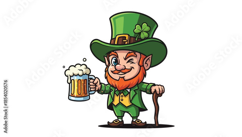 Cartoon leprechaun winking and holding a beer mug, celebrating St. Patrick's Day.