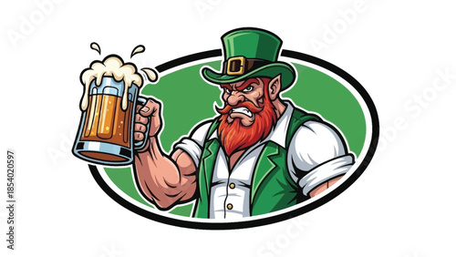 Leprechaun holding a beer mug in front of a green oval.
