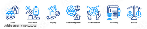 Asset Management web banner icon illustration concept with an icon of Asset,Fixed Asset,Property,Asset Allocation,Asset Management,Accounting,Balance. Outline Color style