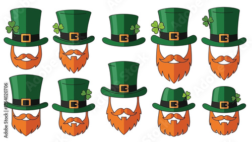 A collection of cartoon leprechaun hats and beards, perfect for St. Patrick's Day celebrations.