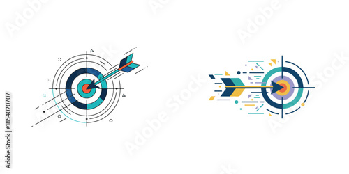 Arrow vector shot to target. Vector, minimalist, illustration, icon set.
