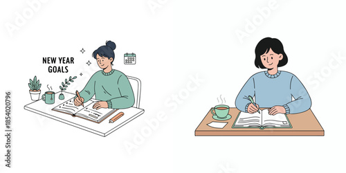 people write new year goals in notebooks. Vector, minimalist, illustration, icon set.
