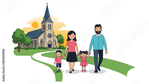 Happy family walking towards church on sunny day