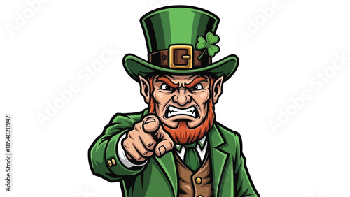Angry leprechaun pointing, wearing green suit and hat with shamrock.