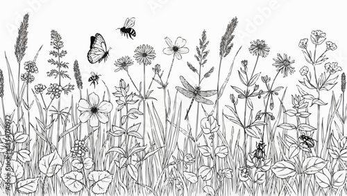 Illustration of Wildflowers and Insects in Black and White.