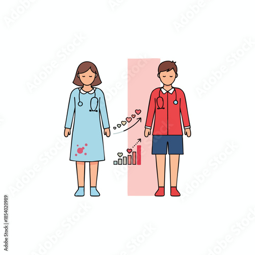 Medical illustration of two figures with stethoscopes depicting health changes