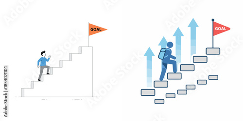a person climbs the stairs towards a small flag that says goal. Vector, minimalist, illustration, icon set.